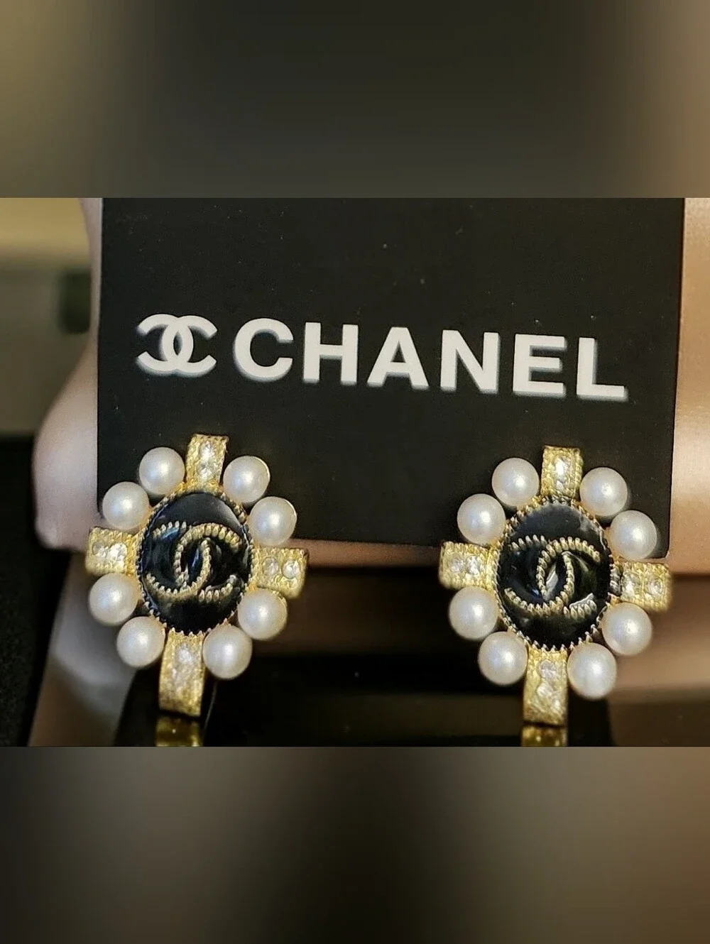 CHANEL Enamel Earrings In Goldtone With Pave' Crystals And Pearls